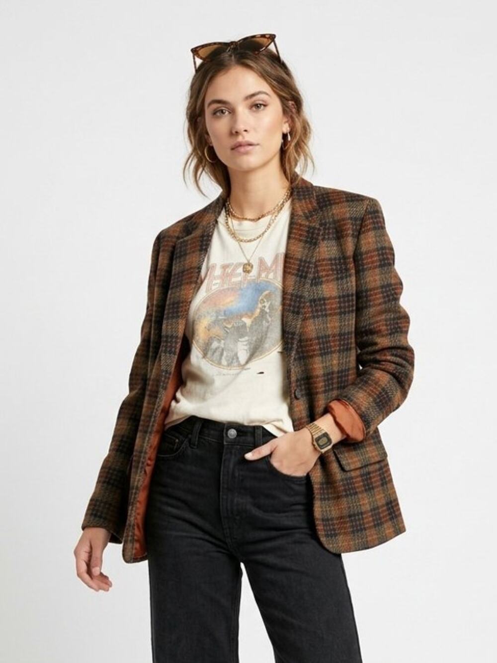 VTG 70s John Meyer Tweed Wool Plaid Blazer Jacket Rust Brown – Size 10